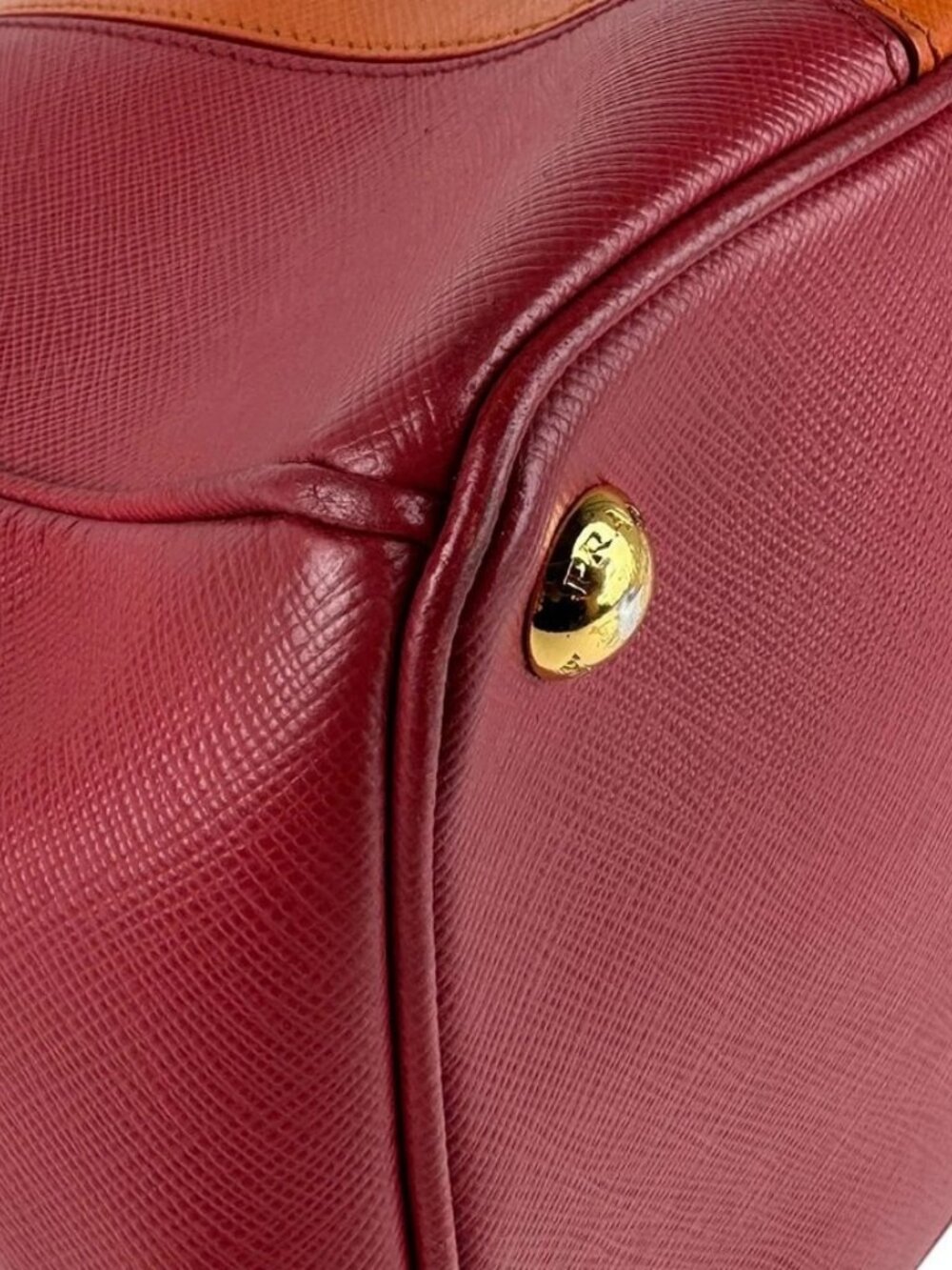Auth PRADA Logo Handbag Shoulder Bag Red/Orange Leather/Goldtone - Picture 9 of 13